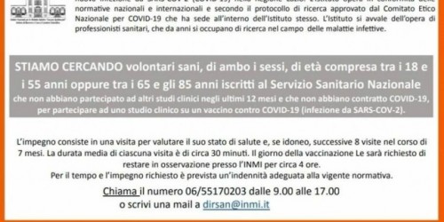 Coronavirus, Roma: lo Spallanzani cerca volontari per sperimentare il vaccino